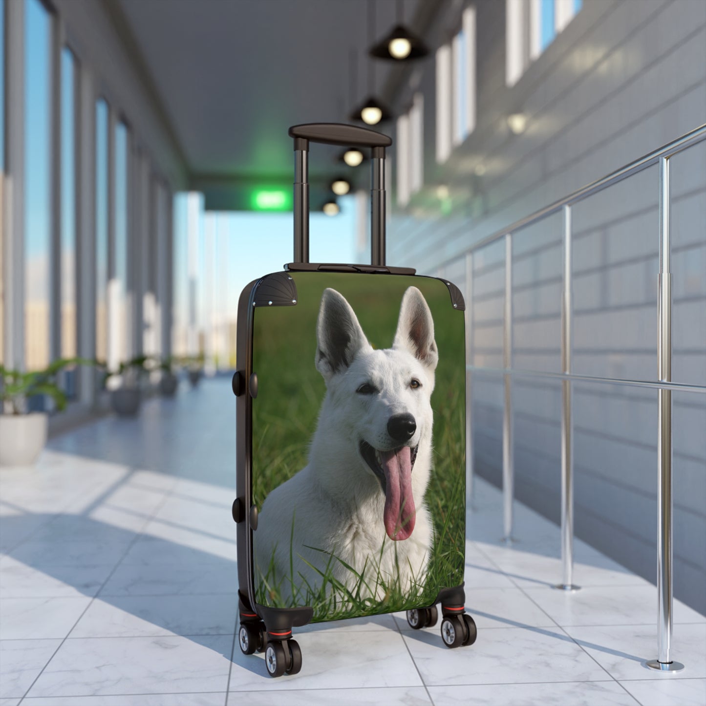 Dog Lovers Suitcase Featuring a White German Shepherd Resting On Grass Leaving Tongue Out