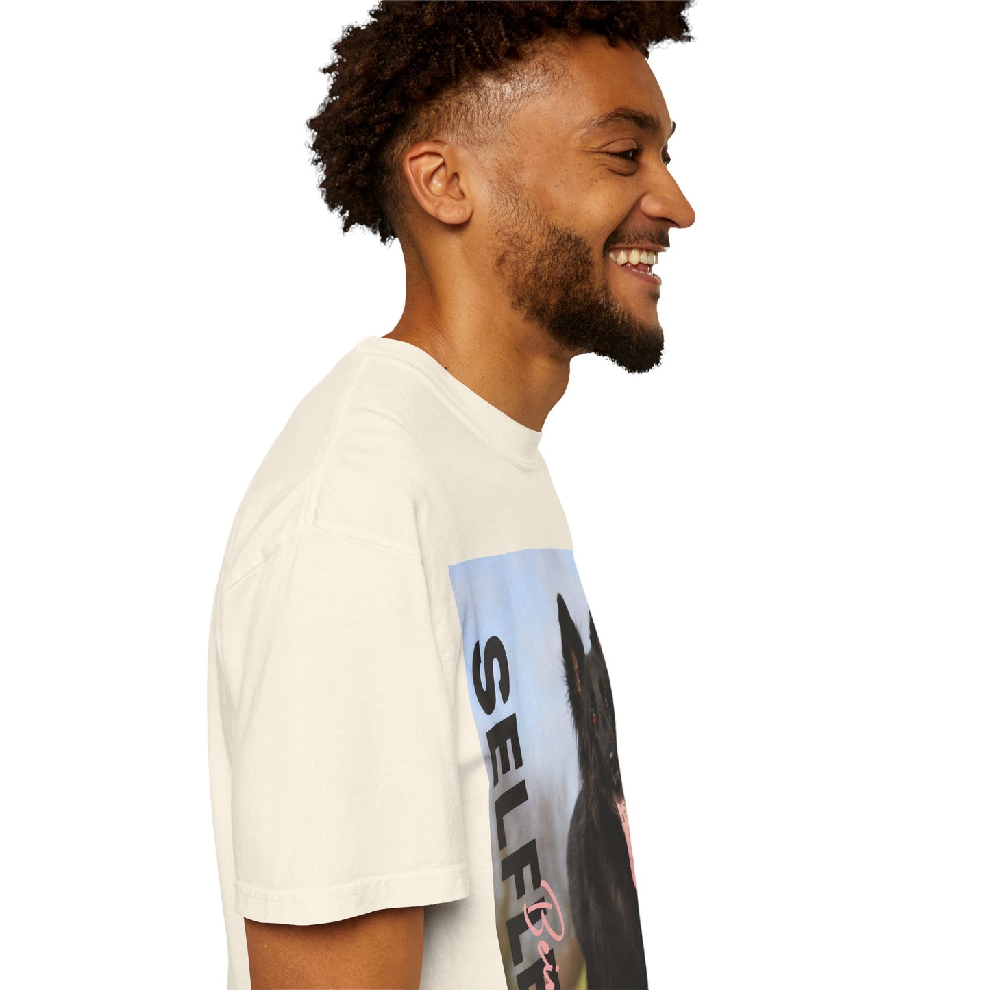 Unisex Dog Lover T-Shirt With Black German Shepherd in the Open Field Leaving Tongue Out and Caption Selfless Beings