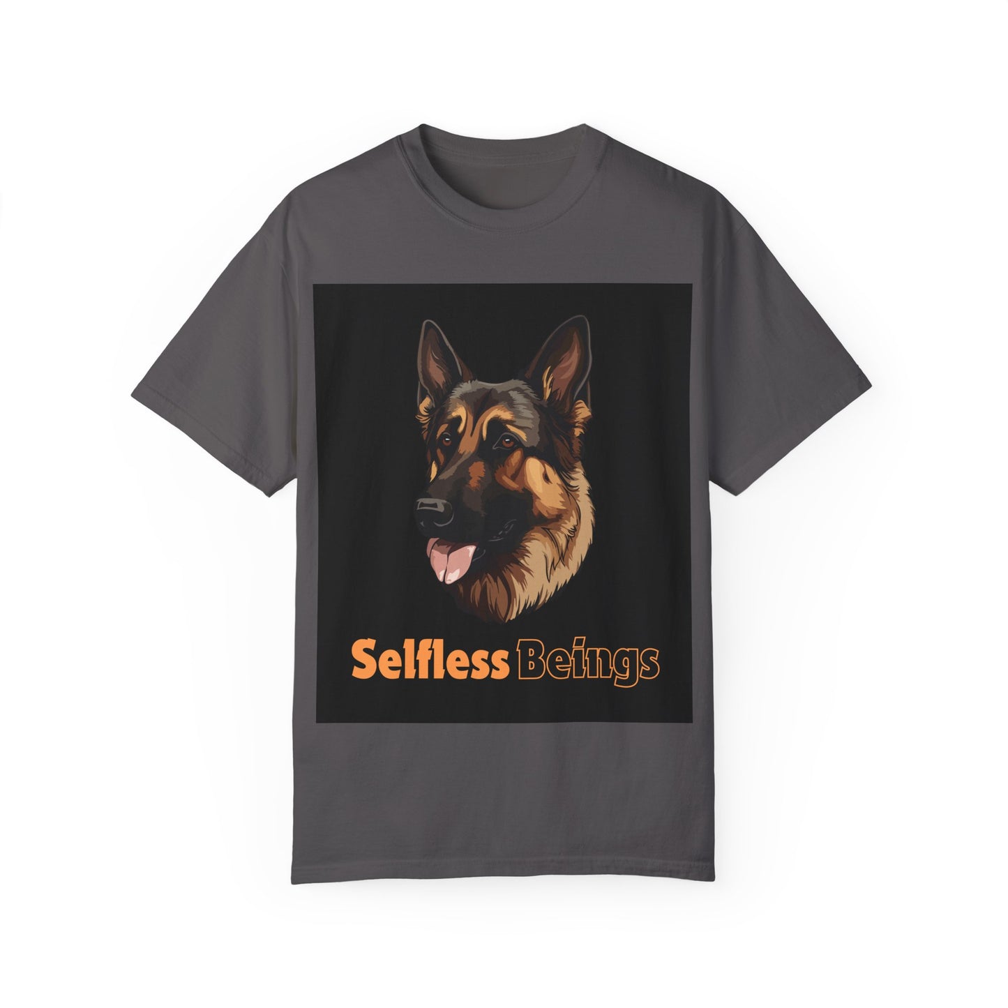 Unisex Dog Lover T-Shirt With Close Up Graphic of German Shepherd and Caption Selfless Beings is Written with Text Effect in Light Orange