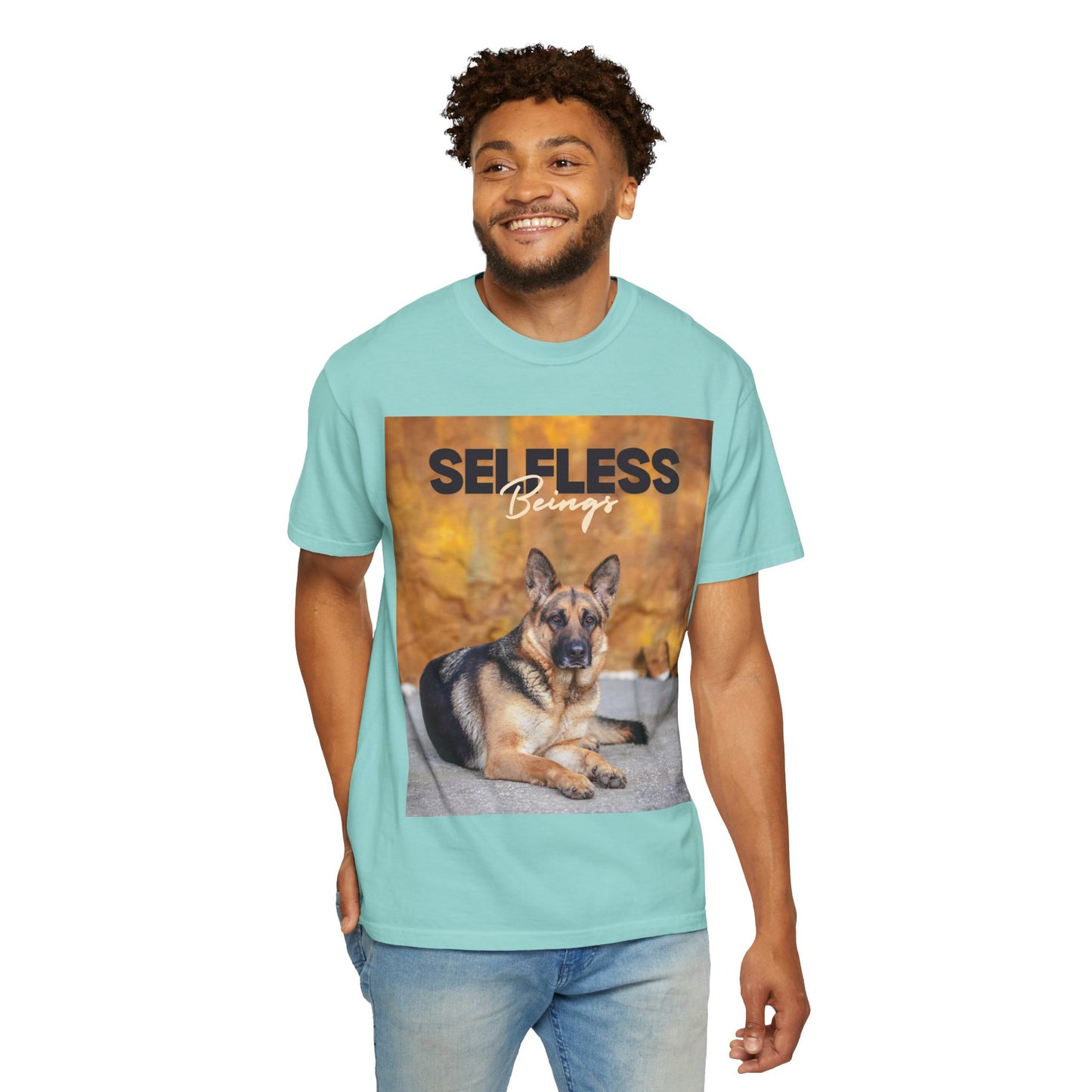 Unisex Dog Lover T-Shirt With Showline German Shepherd Posing for Camera, Autumn Background and Caption Selfless Beings