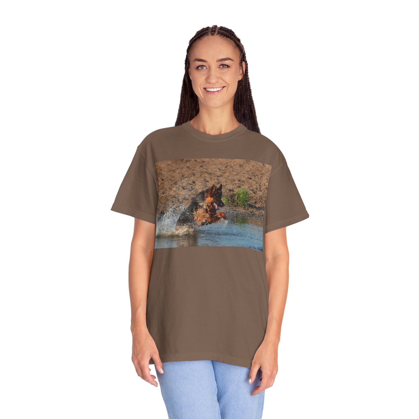 Unisex Dog Lover T-Shirt With Giant German Shepherd Jumps in the River