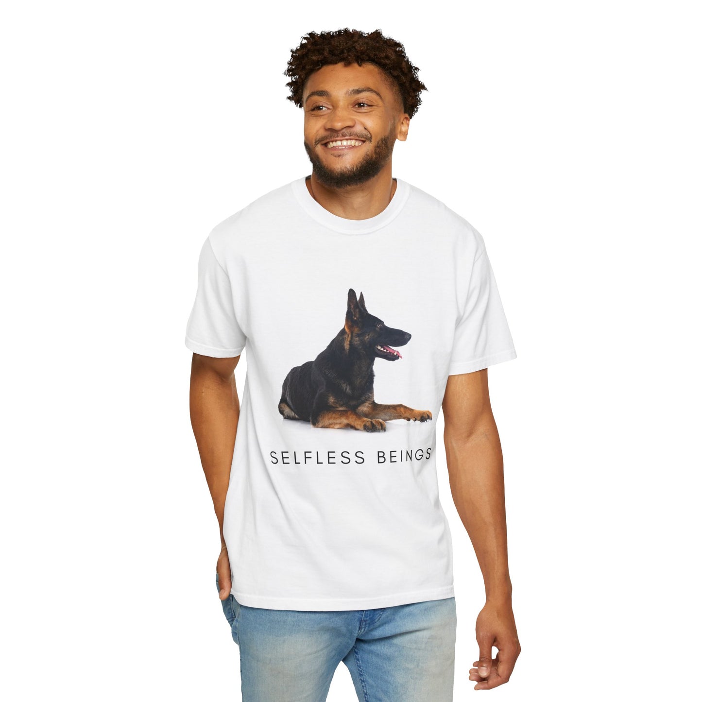 Unisex Dog Lover T-Shirt With a German Shepherd Sitting for a Pose and Caption Selfless Beings