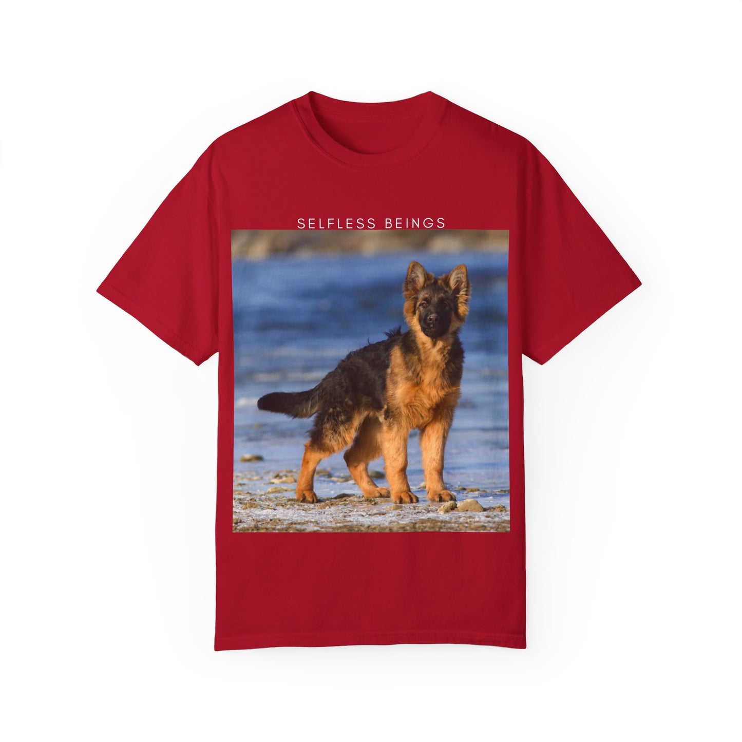 Unisex Dog Lover T-Shirt With German Shepherd Puppy Standing at the Sea Shore and Caption Selfless Beings