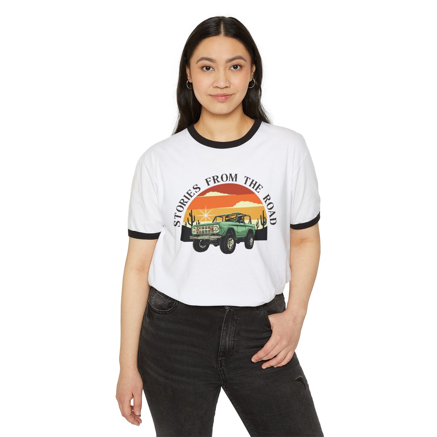 Vintage Stories from the Road Unisex Cotton Ringer T-Shirt, Retro Adventure Tee, Travel Lovers Gift, Road Trip Apparel, Casual