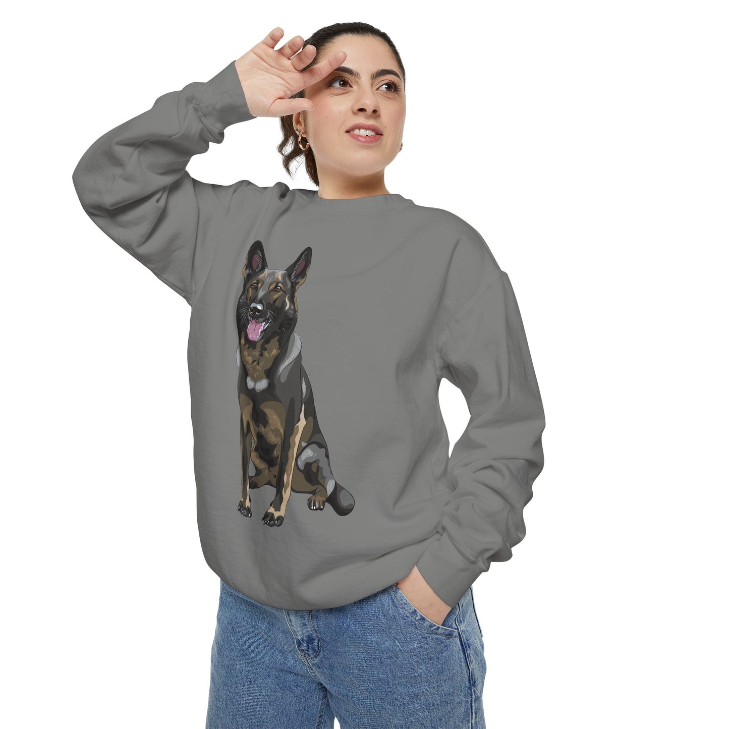 Unisex Dog Lover Sweatshirt With a Graphic of Sable German Shepherd Sloppily Sitting