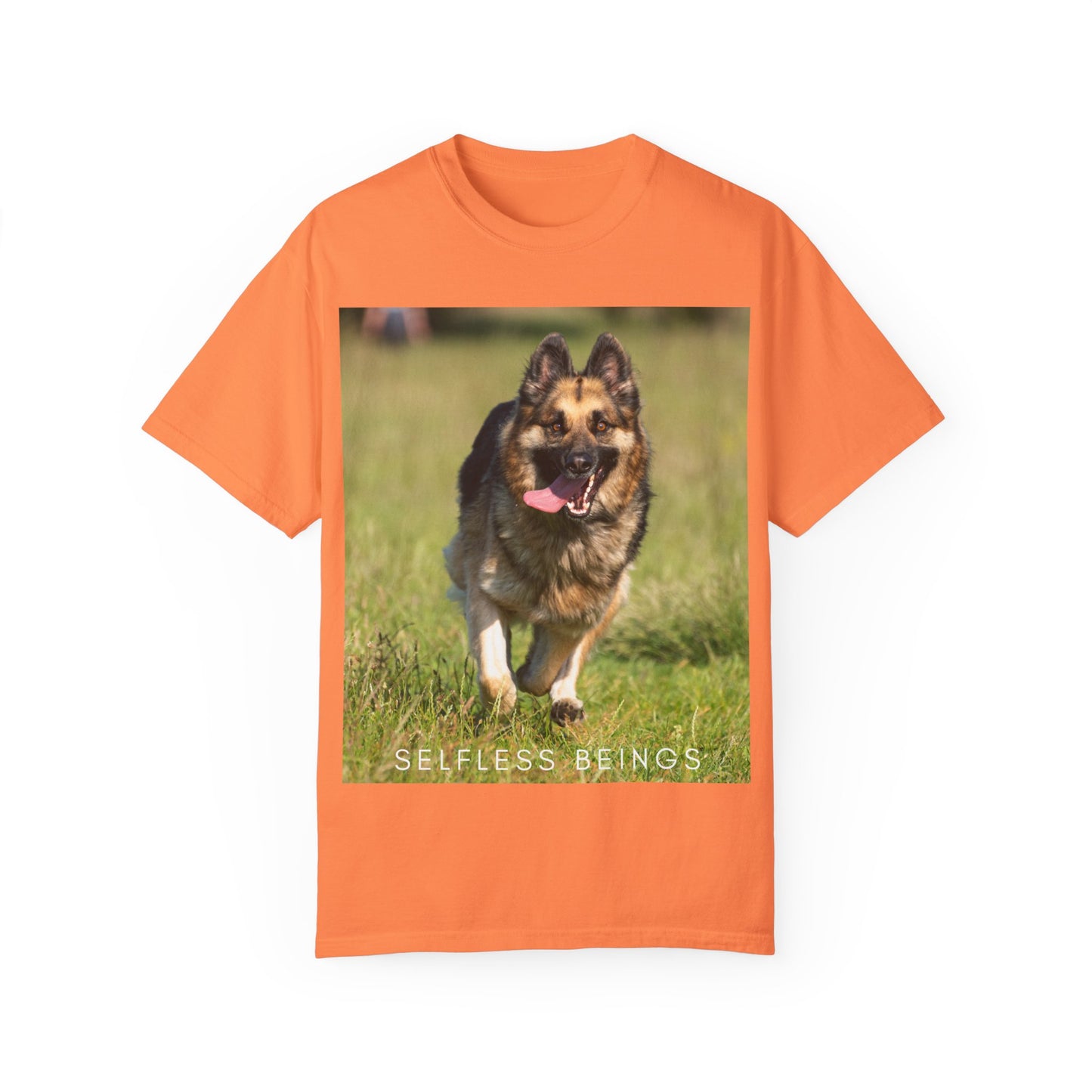 Unisex Dog Lover T-Shirt With Beautiful German Shepherd Running on the Field Leaving Tongue Out and Caption Selfless Beings