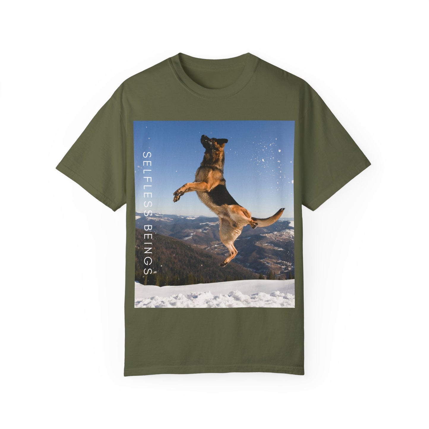 Unisex Dog Lover T-Shirt With a German Shepherd in the Air on Top of Snow Mountain and Caption Selfless Beings