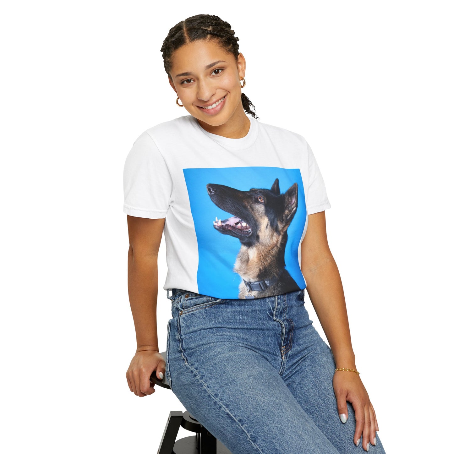 Unisex Dog Lover T-Shirt With Close Up Portrait of German Shepherd from Side Angle, Having Blue Background and Caption Selfless Beings
