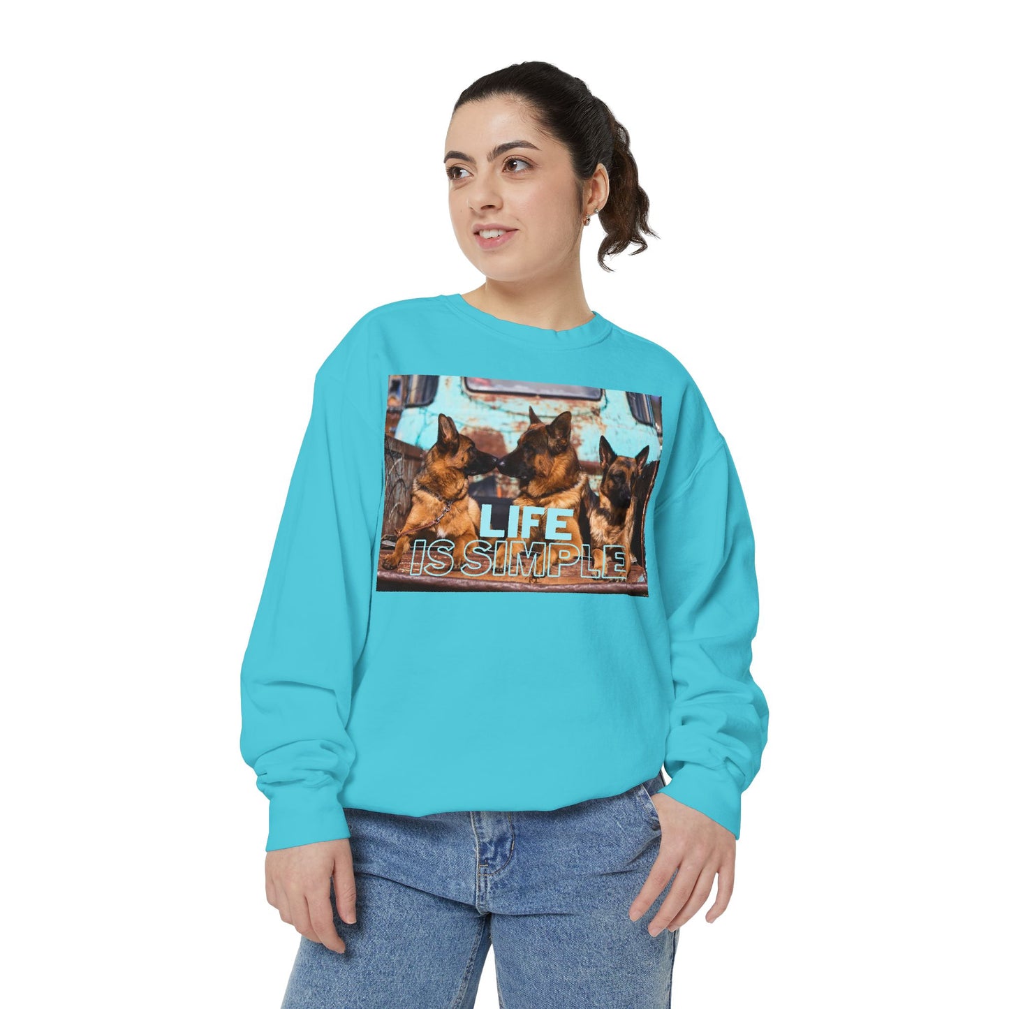 Unisex Dog Lover Sweatshirt With Three German Shepherds Sitting on the Truck's Cargo Bed and Caption Life is Simple
