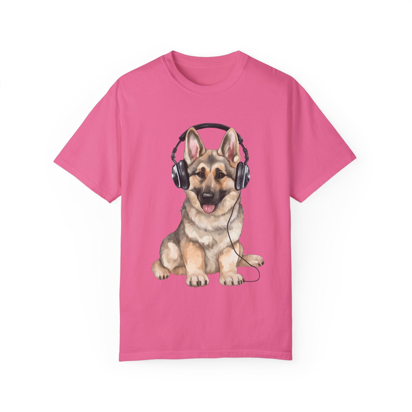 Unisex Dog Lover T-Shirt With a Graphic of German Shepherd Wearing Headphones Enjoying Music
