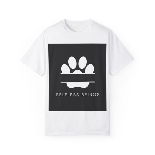 Unisex Dog Lover T-Shirt With Design of Dog's White Paw Print Whose Metacarpal is Split and Caption Selfless Beings