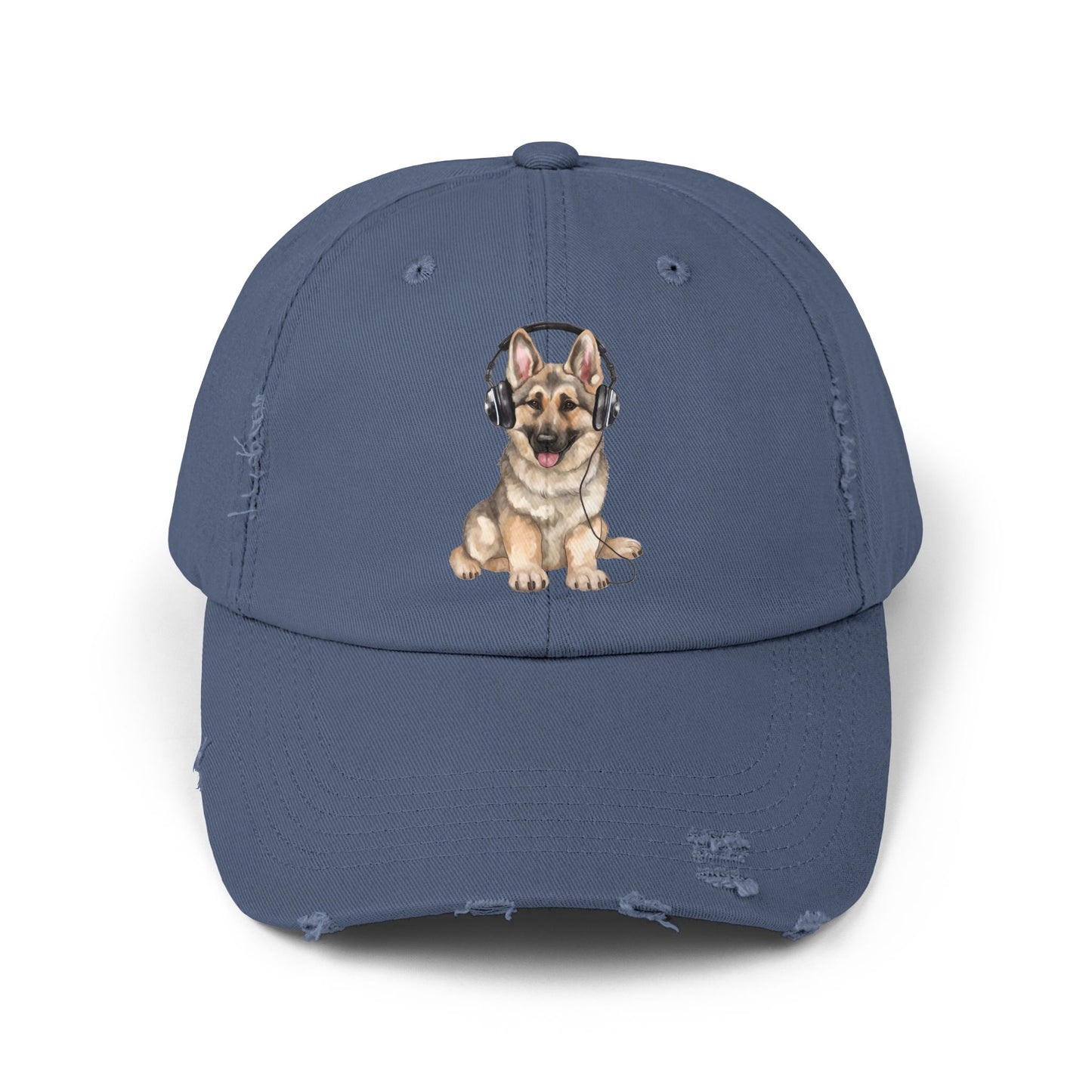 Distressed Dog Cap with German Shepherd Wearing Headphones | Pet Lover Gift | Adjustable Cap