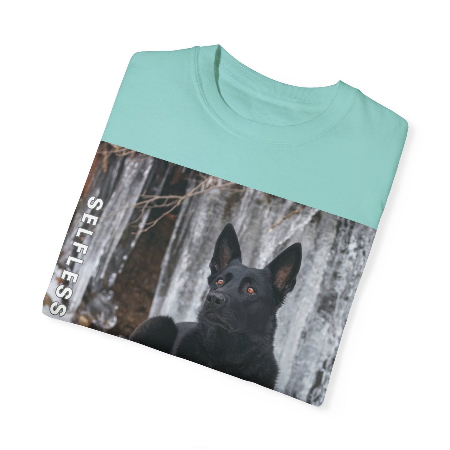 Unisex Dog Lover T-Shirt With Solid Black German Shepherd Sitting on the Snow, Ice Spikes in the Background and Caption Selfless Beings