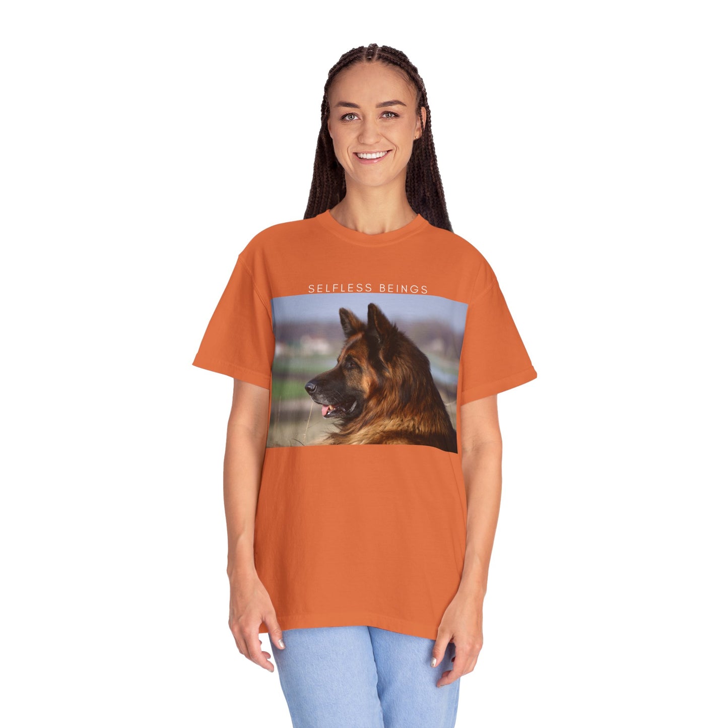 Unisex Dog Lover T-Shirt With Giant Long Coat German Shepherd Looking Straight and Caption Selfless Beings