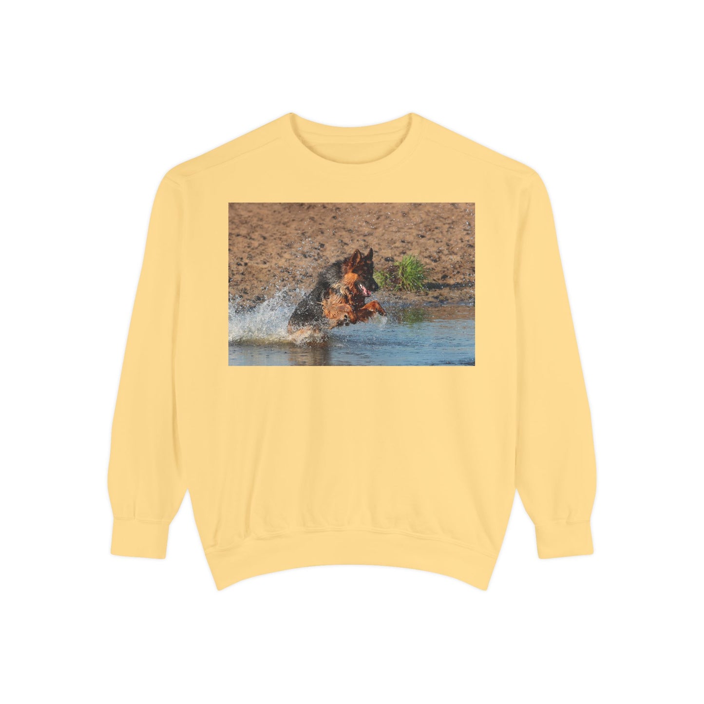 Unisex Dog Lover Sweatshirt With a Long Coat German Shepherd Jumps in the River