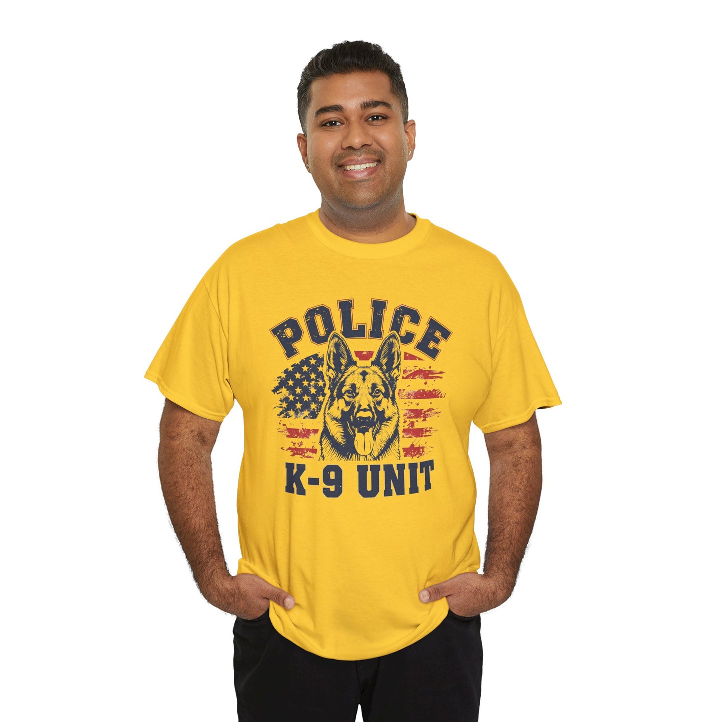 Patriotic Police K-9 Unit T-Shirt With American Flag in Background, Unisex Heavy Cotton Tee