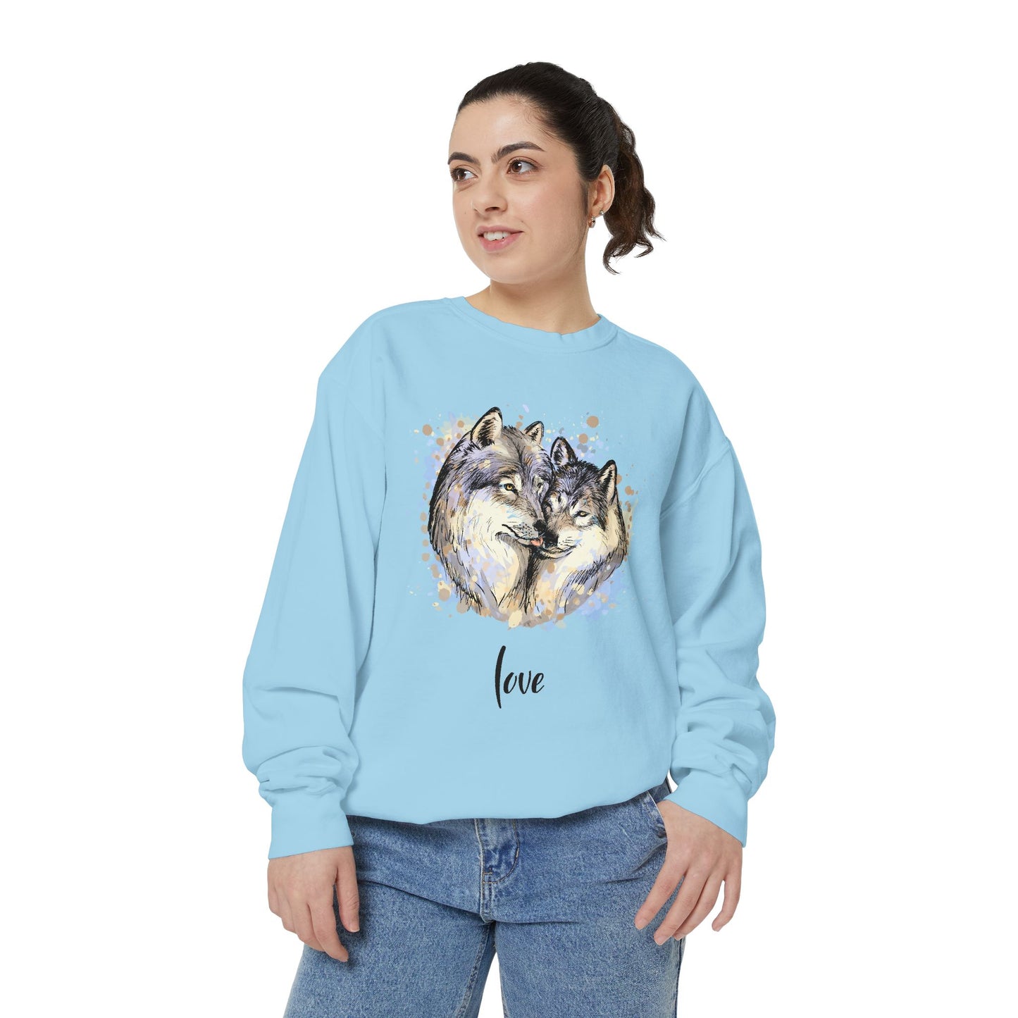 Unisex Valentine's Day Sweatshirt With a Male and Female Grey Wolves Together and Caption Love