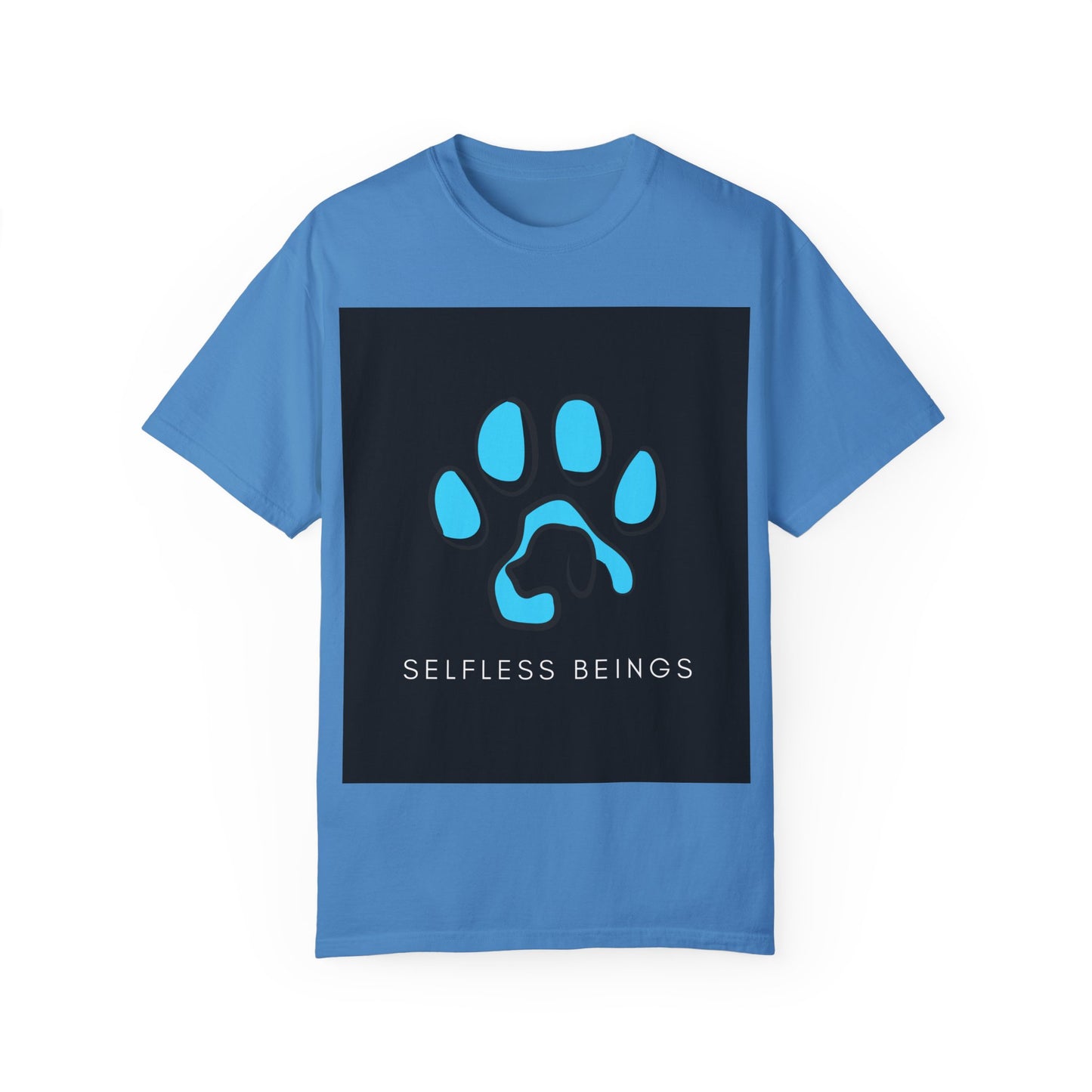 Unisex Dog Lover T-Shirt With Graphic of Blue Colored Dog Paw's Print Whose Metacarpal Contains a Design of Black Dog and Caption Selfless Beings Below