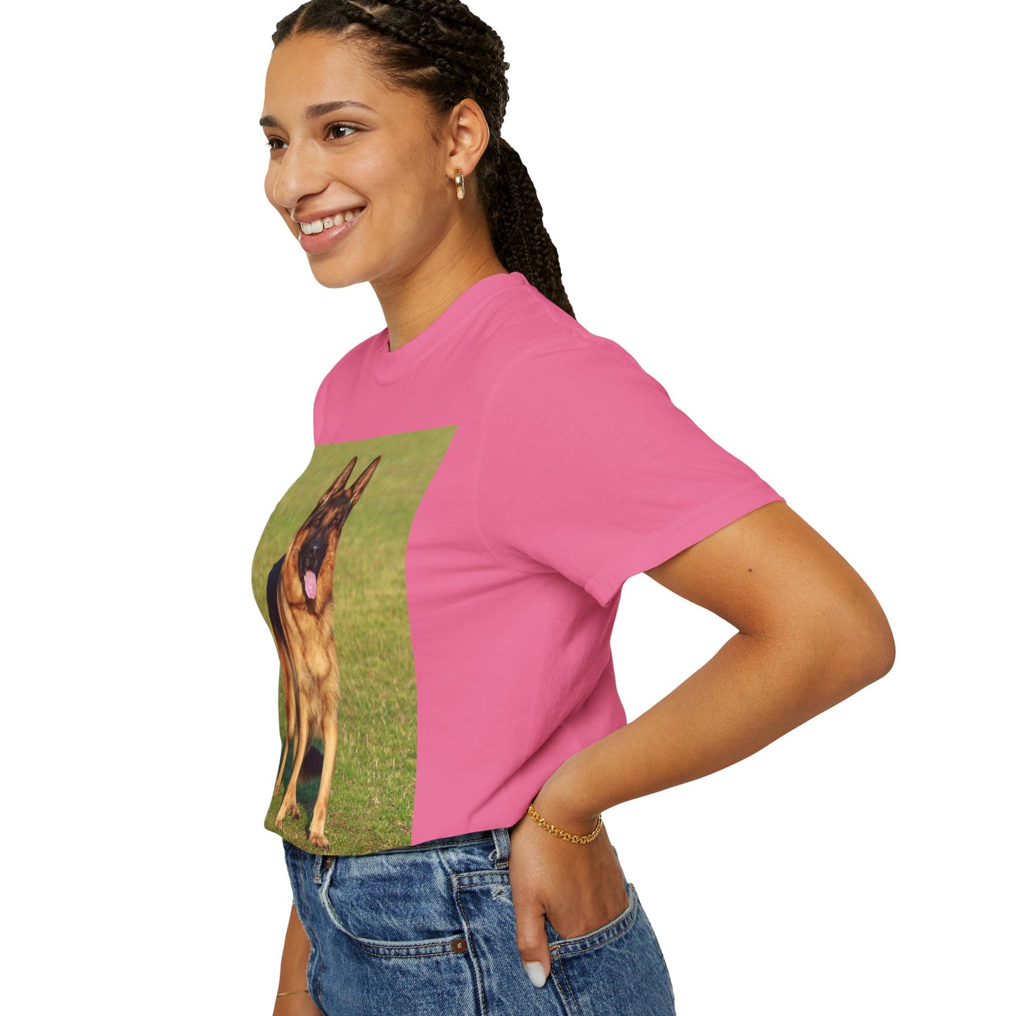 Unisex Dog Lover T-shirt With a German Shepherd on the Sports Grass Field and Caption Selfless Beings
