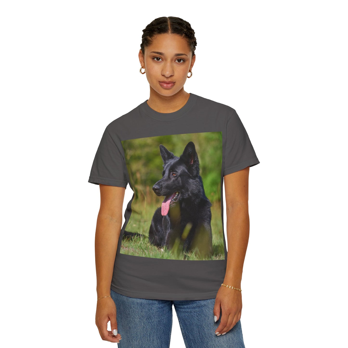 Unisex Garment-Dyed T-Shirt Featuring a Black German Shepherd Resting on Grass Looking Sideways