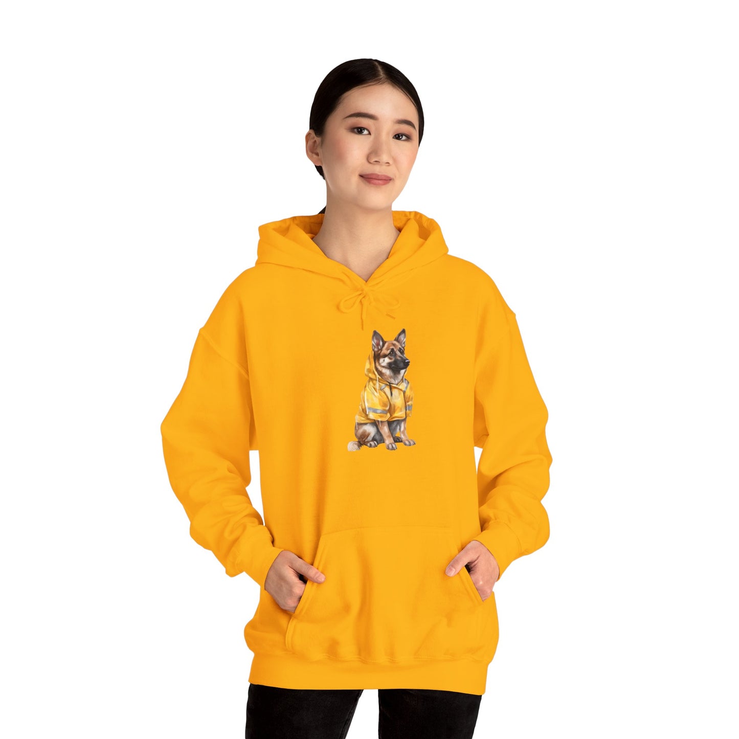 Unisex Dog Lover Hoodie With a Graphic of German Shepherd Wearing a Yellow Rain Coat