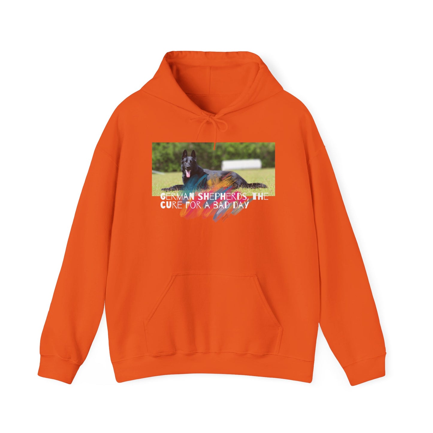 Unisex Dog Lover Hoodie With a Black German Shepherd Leaving Tongue Out and Caption The Cure for Bad Day