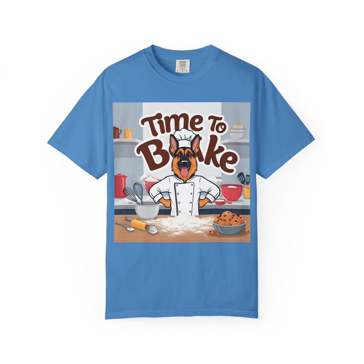 Unisex Dog Lover T-Shirt With Graphic of German Shepherd Wearing Chef Suit and Caption Time To Bake