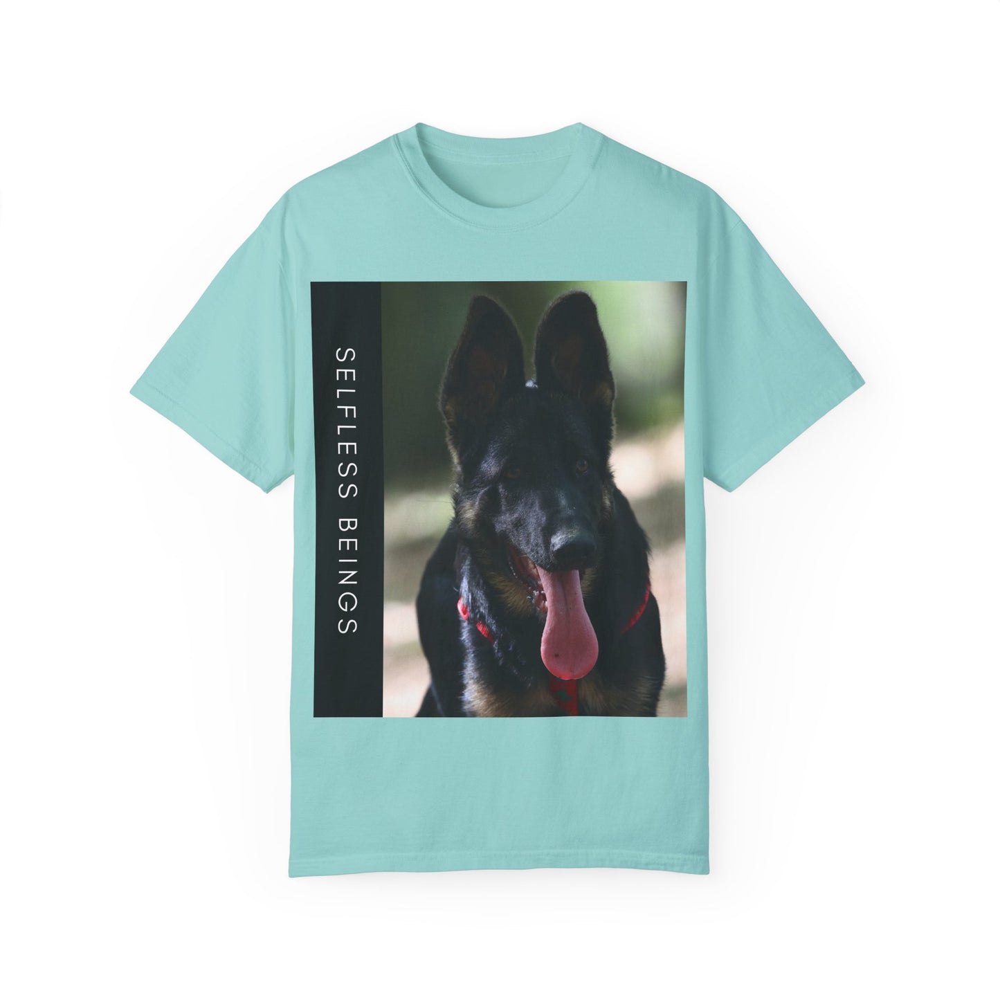 Unisex Dog Lover T-Shirt With Close Up Portrait of Slim German Shepherd Leaving His Tongue Out and Caption Selfless Beings