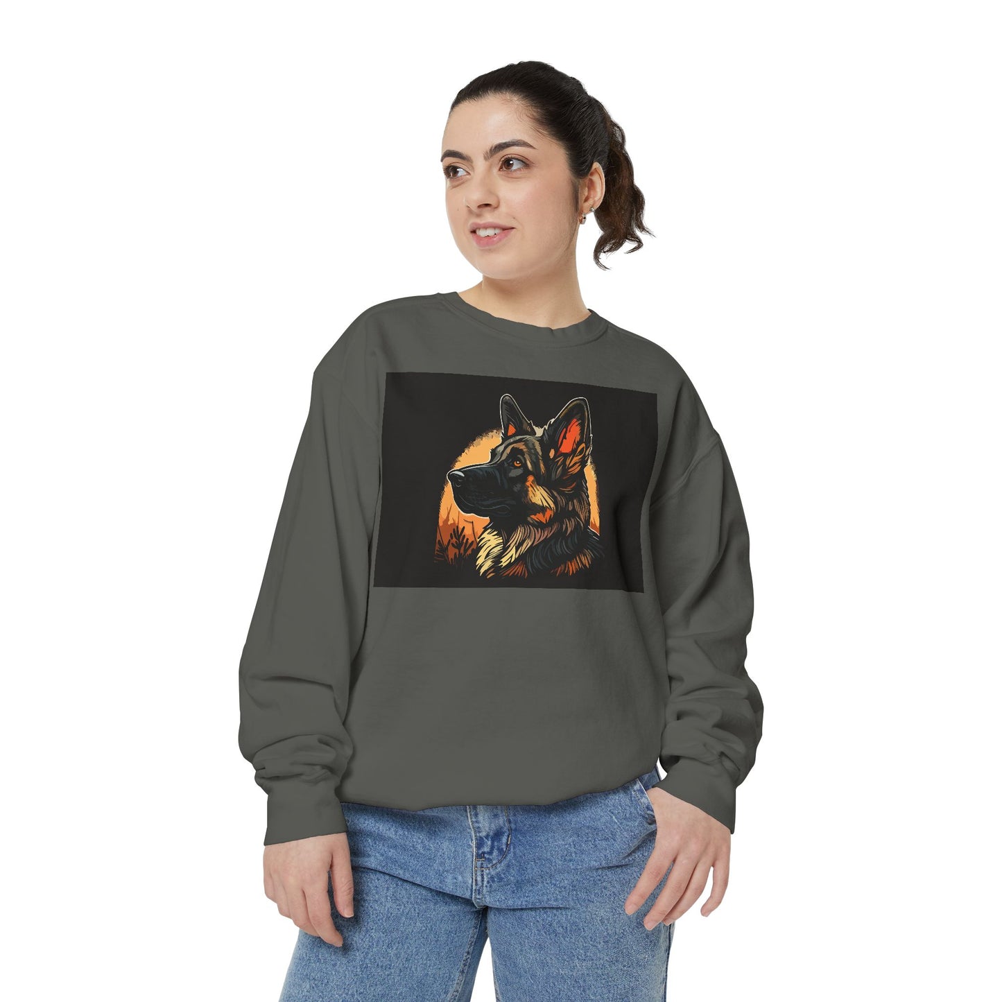 Unisex Dog Lover Sweatshirt With a Close Up Graphic of a German Shepherd In Front of Moon