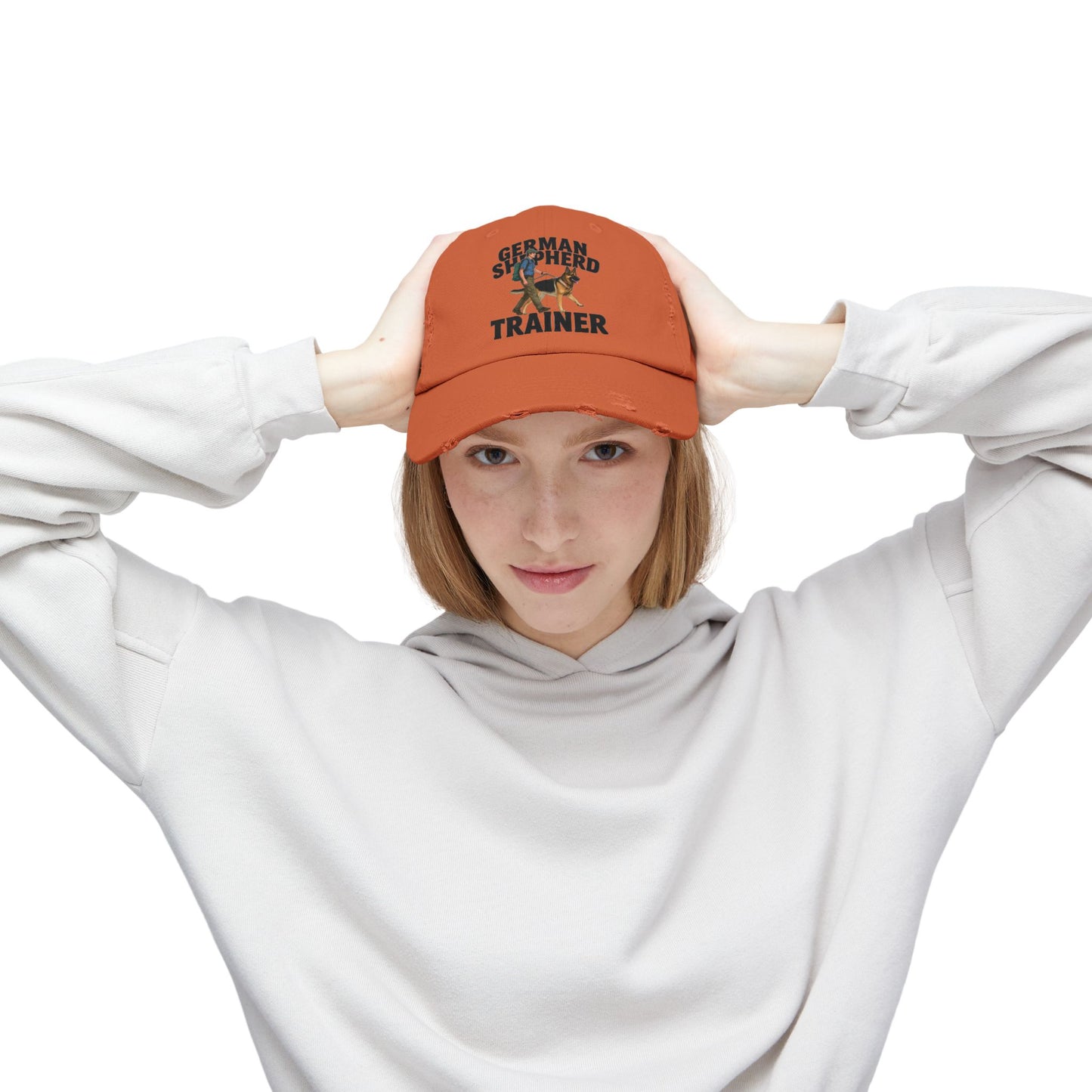 Unisex Distressed Cap Featuring a Trainer Leading German Shepherd, Dog Trainer Gift