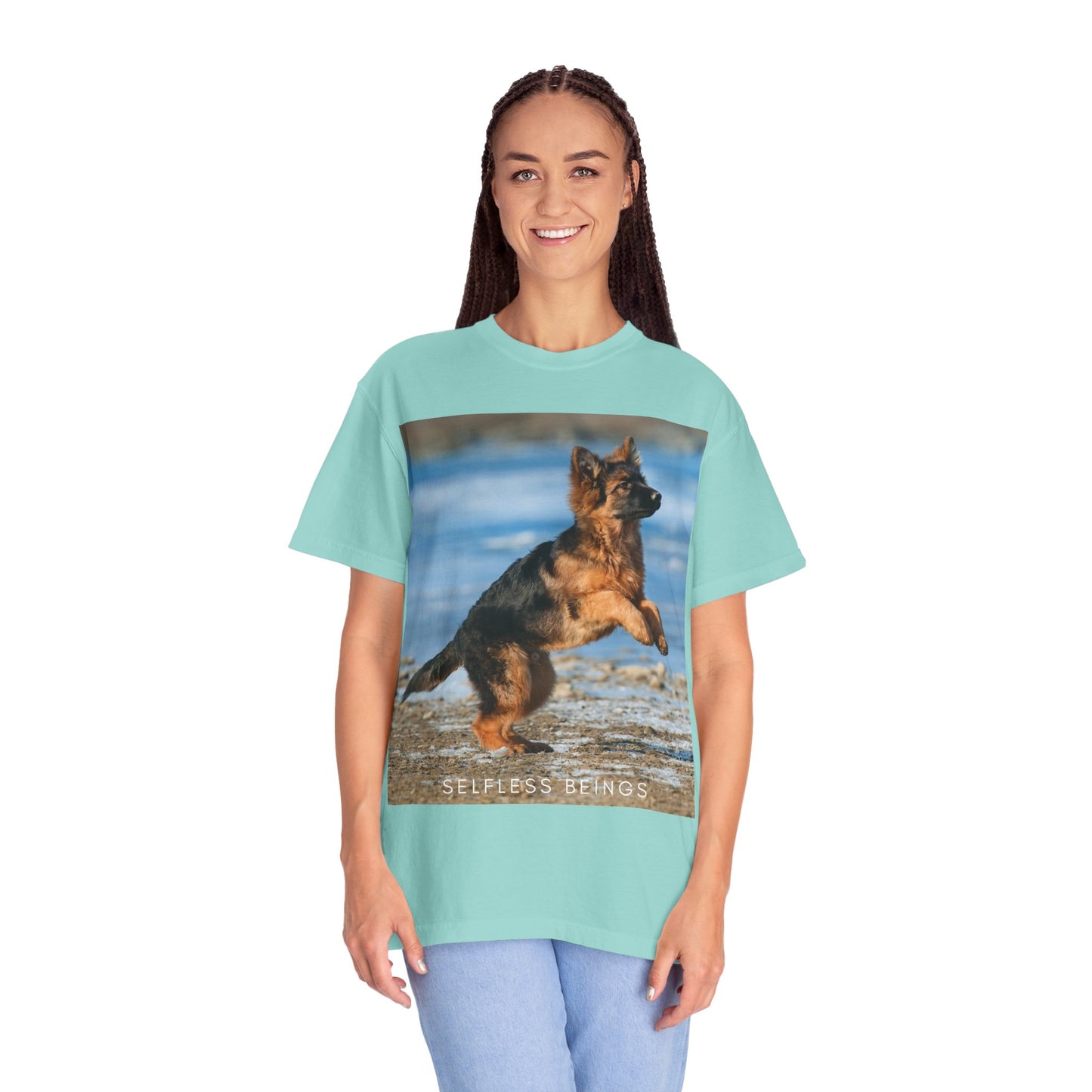 Unisex Dog Lover T-Shirt With Gorgeous German Shepherd Puppy Standing on Back Legs at Seashore and Caption Selfless Beings
