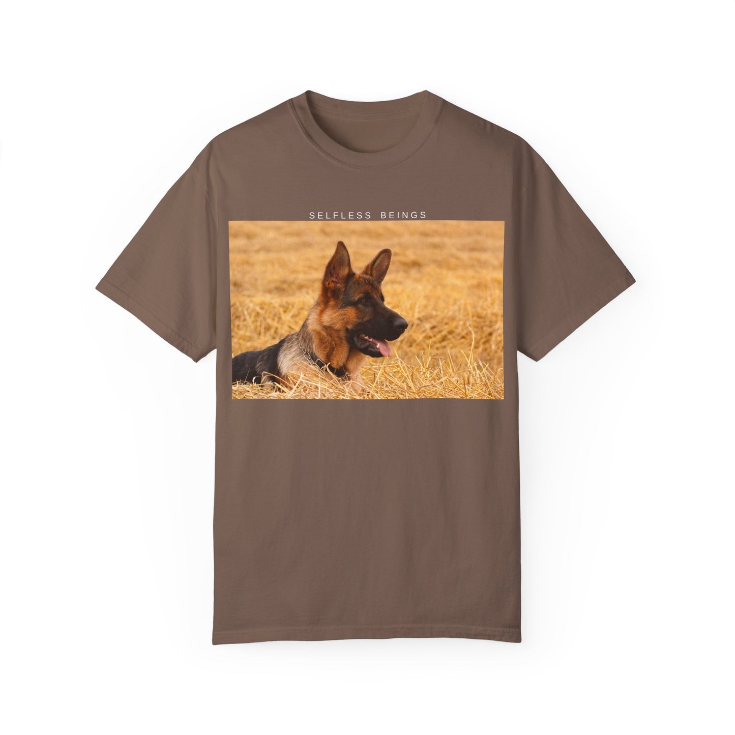Unisex Dog Lover T-Shirt With a German Shepherd Relaxing on the Long Dry Grass and Caption Selfless Beings