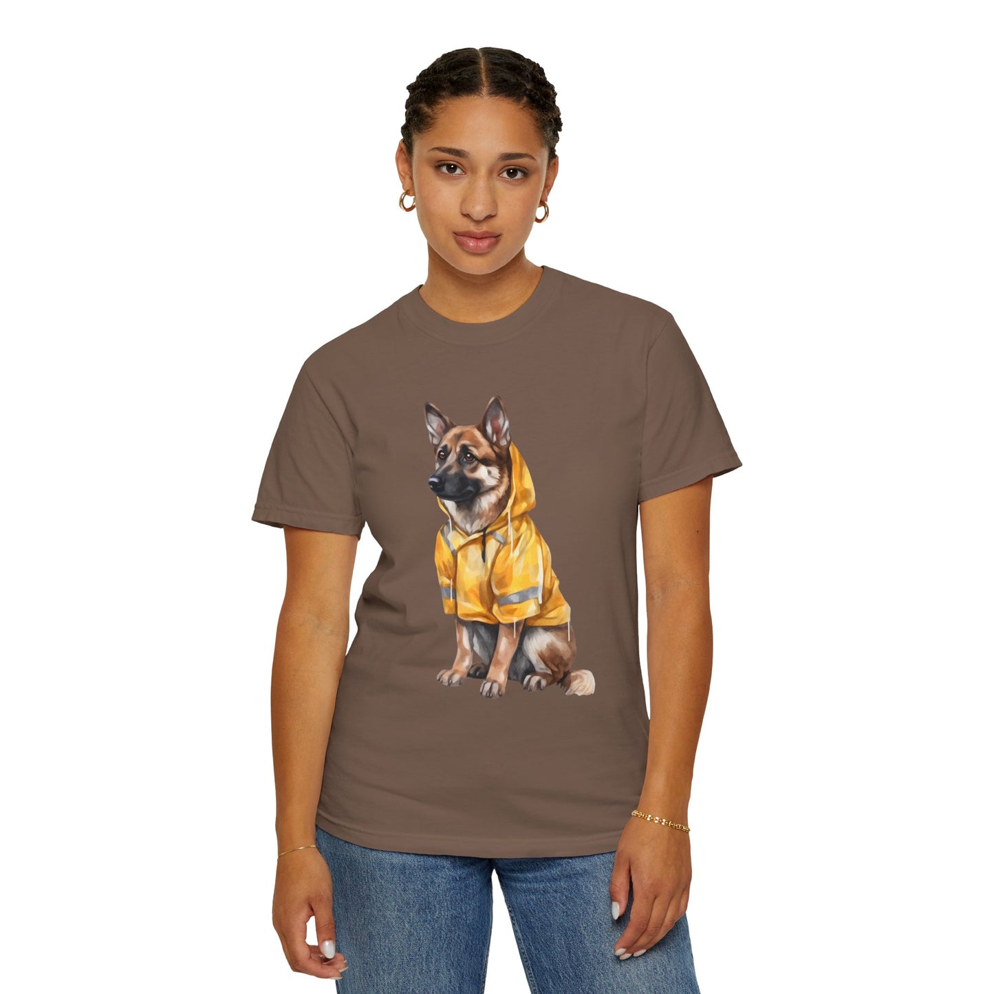 Unisex Dog Lover T-Shirt With a Graphic of German Shepherd Wearing a Yellow Rain Coat