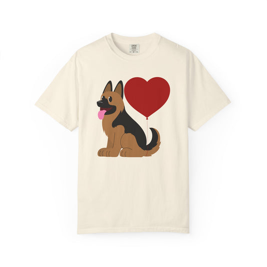 Unisex Dog Lover T-Shirt With a Graphic of German Shepherd Puppy and Heart Shaped Balloon Attached With Tail