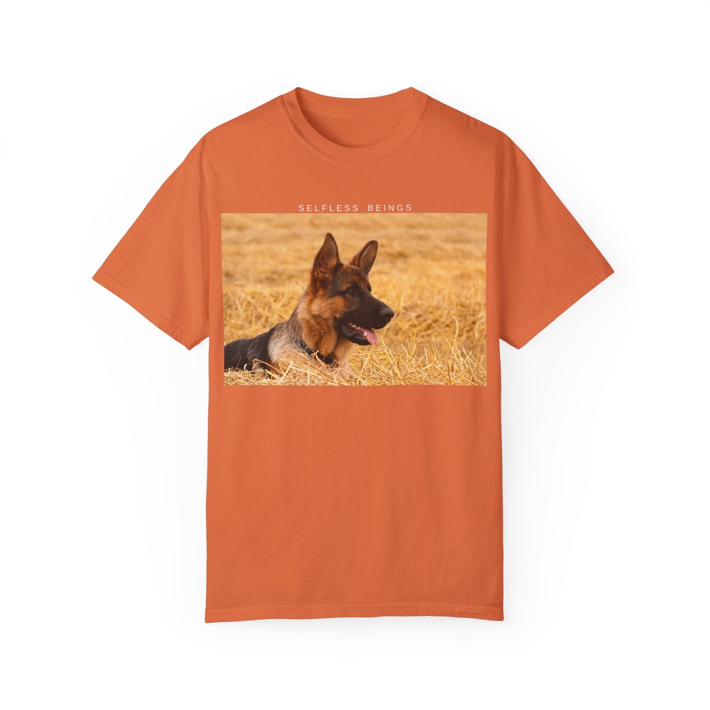 Unisex Dog Lover T-Shirt With a German Shepherd Relaxing on the Long Dry Grass and Caption Selfless Beings