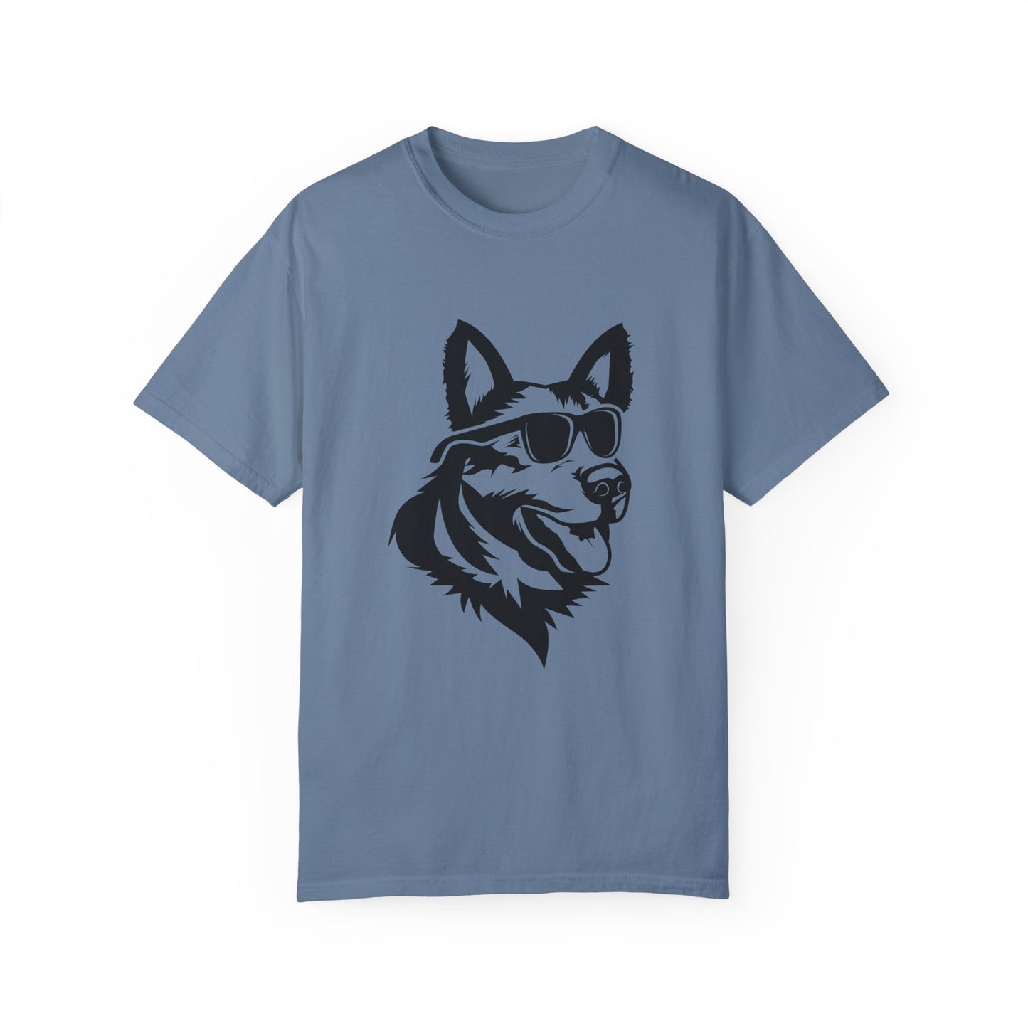 Unisex Dog Lover T-Shirt With a Graphic of Close Up Faced German Shepherd Wearing Black Glasses