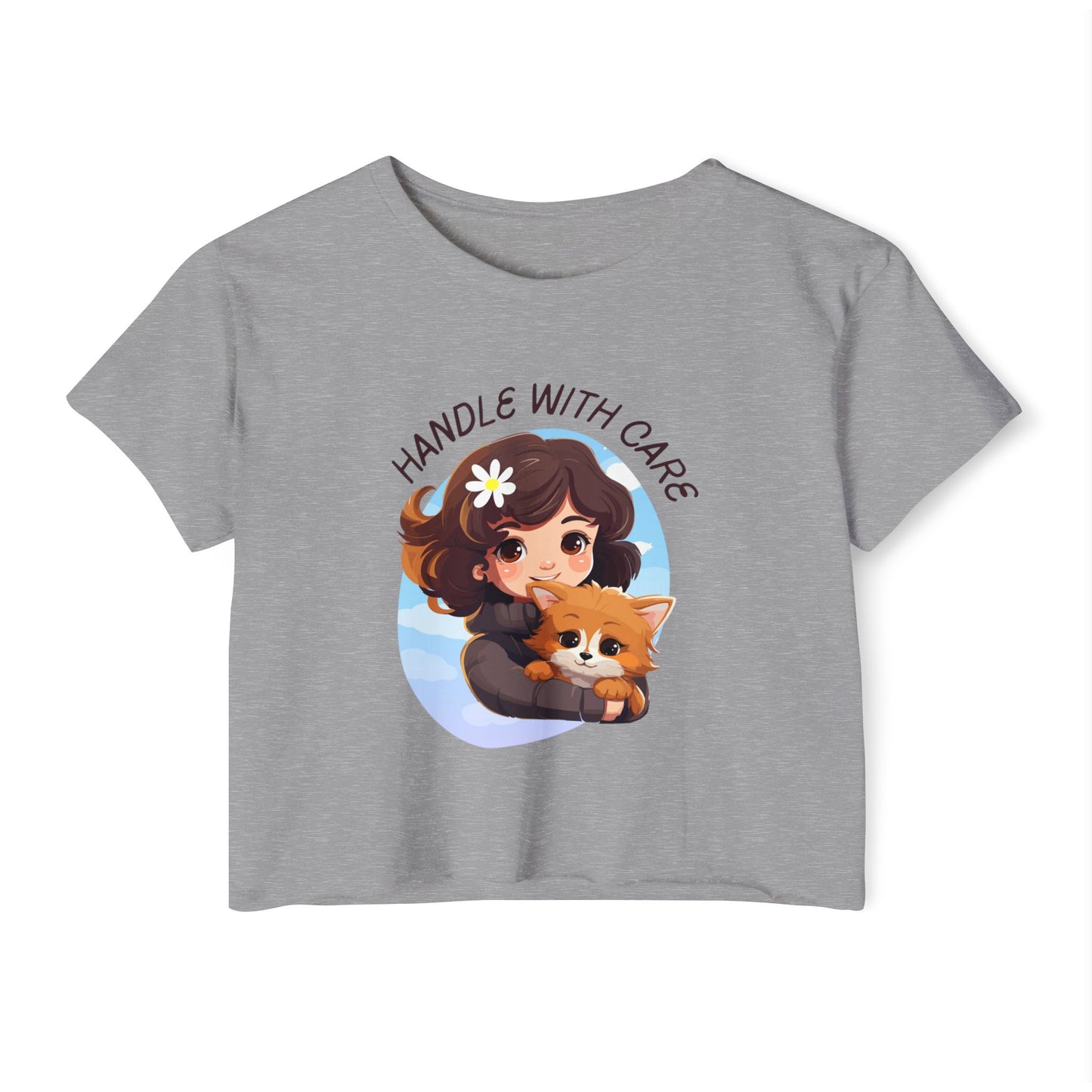 Cute Handle With Care Crop Top - Girl Holding a Cat | Women’s Festival Top, Summer Shirt, Pet Lover Gift, Casual Wear
