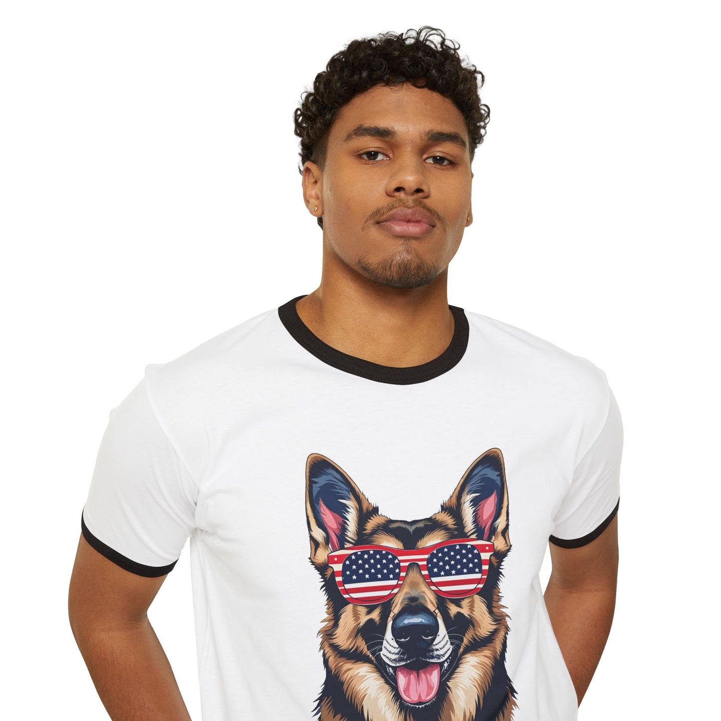 Patriotic Dog Lover German Shepherd Tee - Unisex Cotton Ringer T-Shirt with American Flag Sunglasses, Pet Owner Gift, 4th of July Apparel, Fun Summer