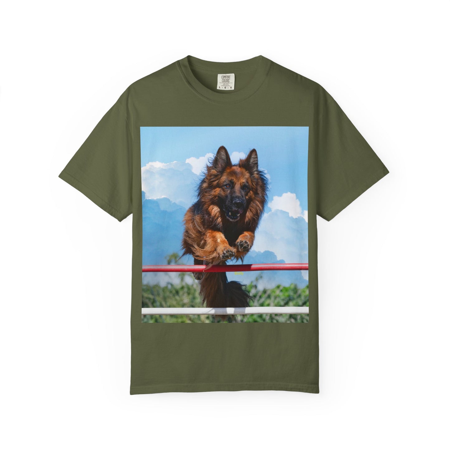 Unisex Dog Lovers T-Shirt Featuring a German Shepherd Jumping An Agility Fence