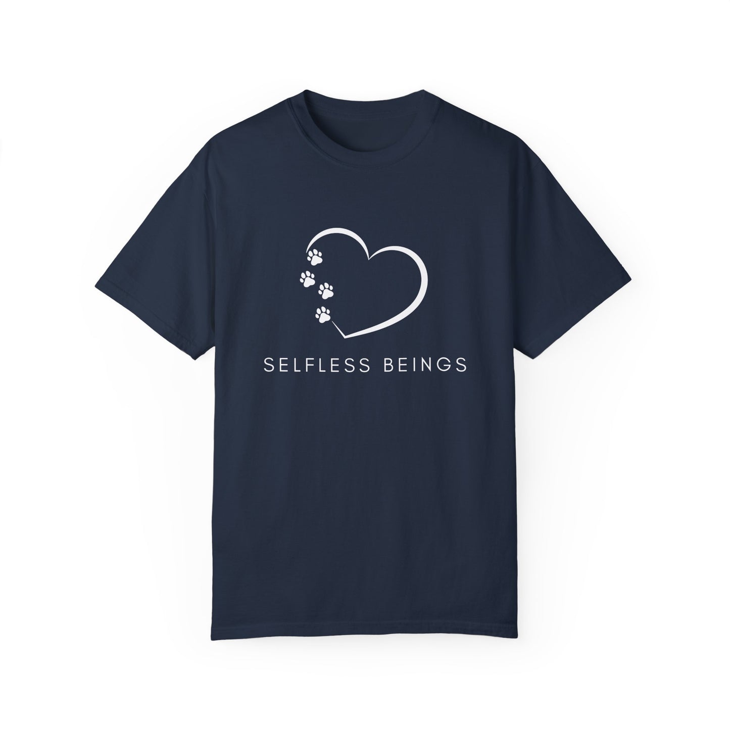 Unisex Dog Lover T-Shirt With White Tilted Heart Whose One Side is Made With Dog Paw Prints and Caption Selfless Beings
