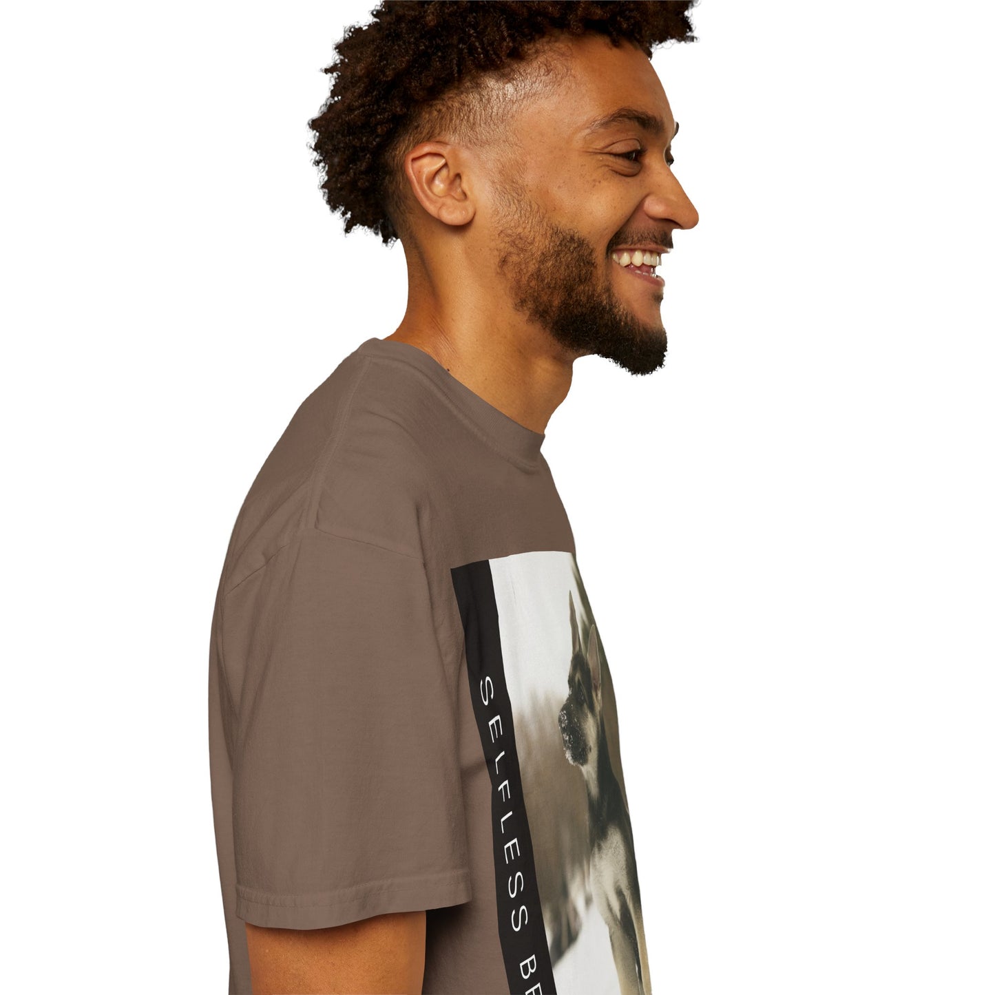 Unisex Dog Lover T-Shirt With a German Shepherd Puppy Sloppily Sitting on the Snow and Caption Selfless Beings