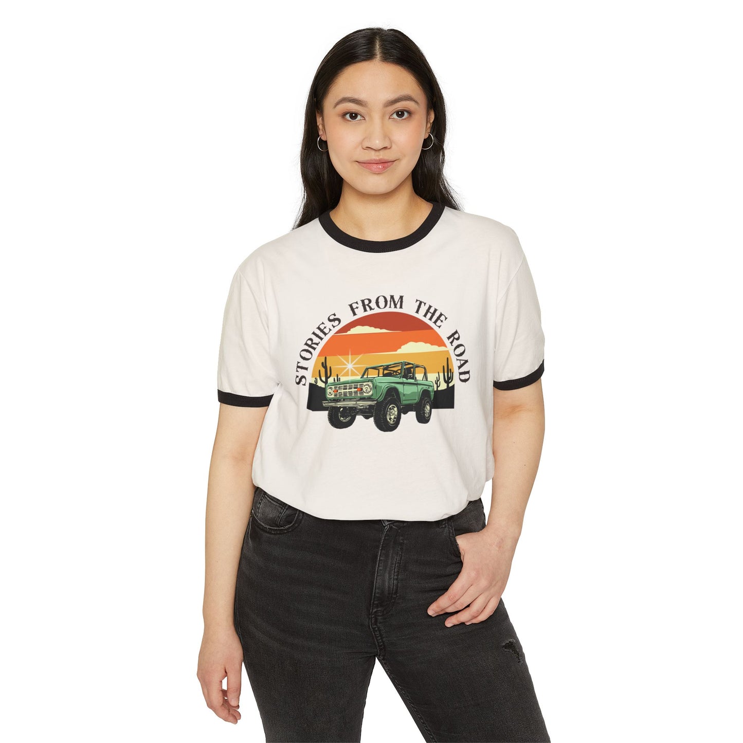 Vintage Stories from the Road Unisex Cotton Ringer T-Shirt, Retro Adventure Tee, Travel Lovers Gift, Road Trip Apparel, Casual