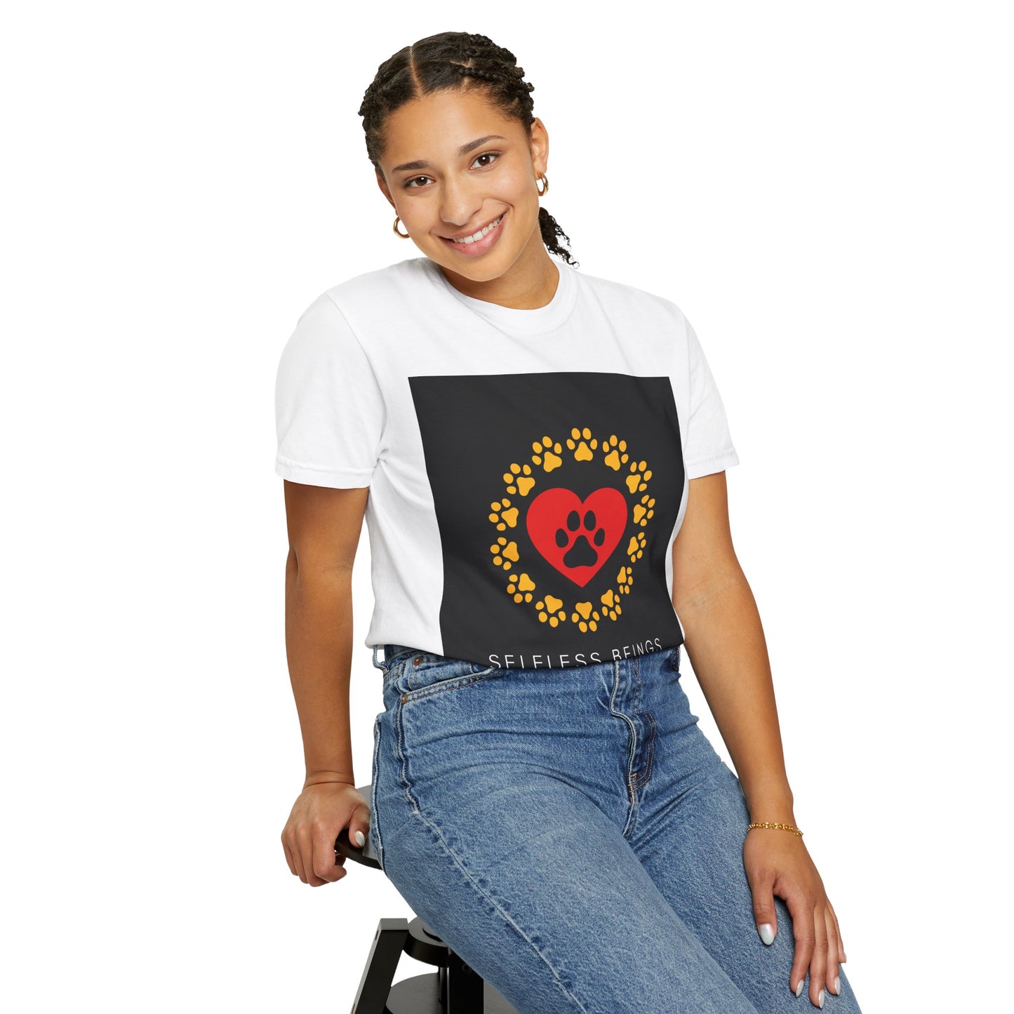 Unisex Dog Lover T-Shirt With Graphic of Yellow Paw Prints In Circle Contain Red Heart Which Contains Black Dog Paw Print Inside and Caption Selfless Beings