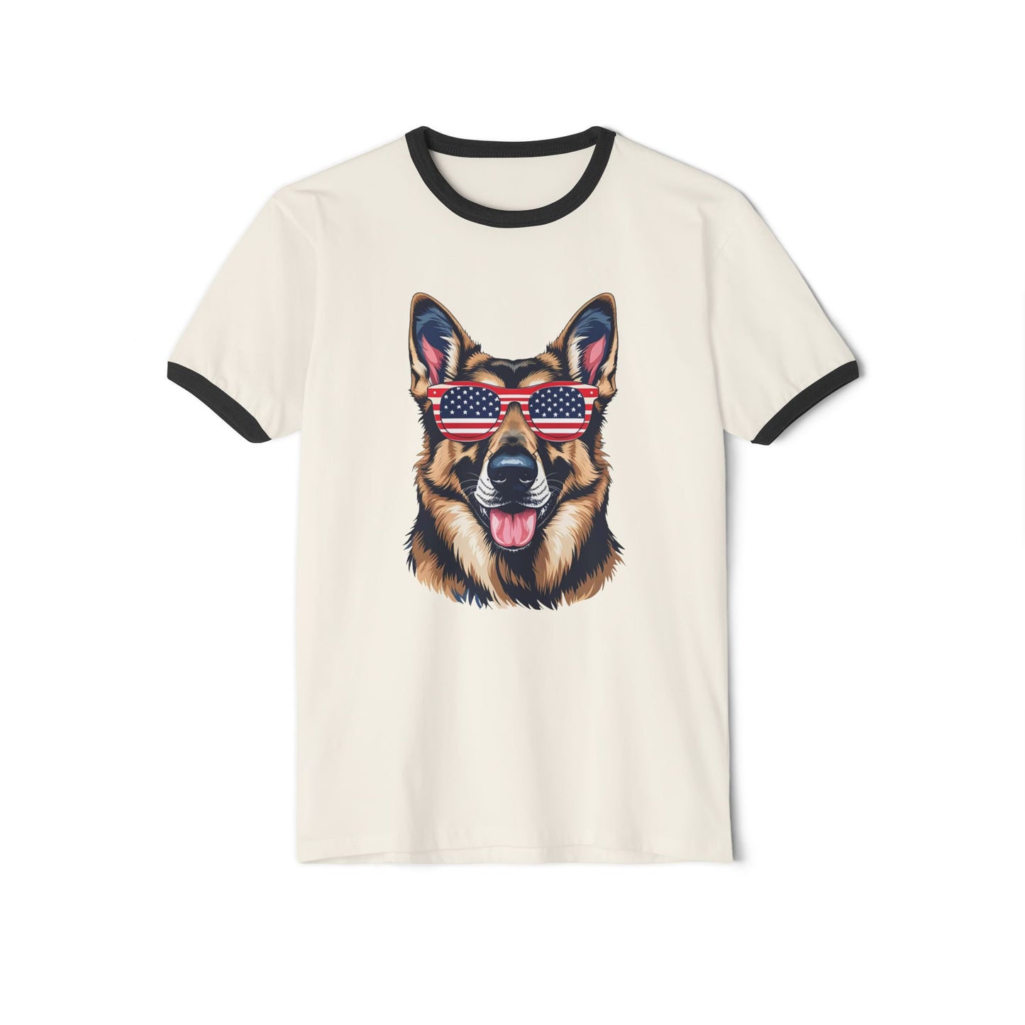 Patriotic Dog Lover German Shepherd Tee - Unisex Cotton Ringer T-Shirt with American Flag Sunglasses, Pet Owner Gift, 4th of July Apparel, Fun Summer