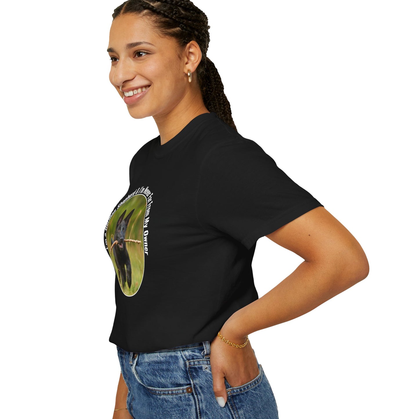 Unisex T-Shirt With Black German Shepherd Running on the Grass Holding a Stick in the Mouth and Quote I’m a German Shepherd and I’m Never Far From My Owner