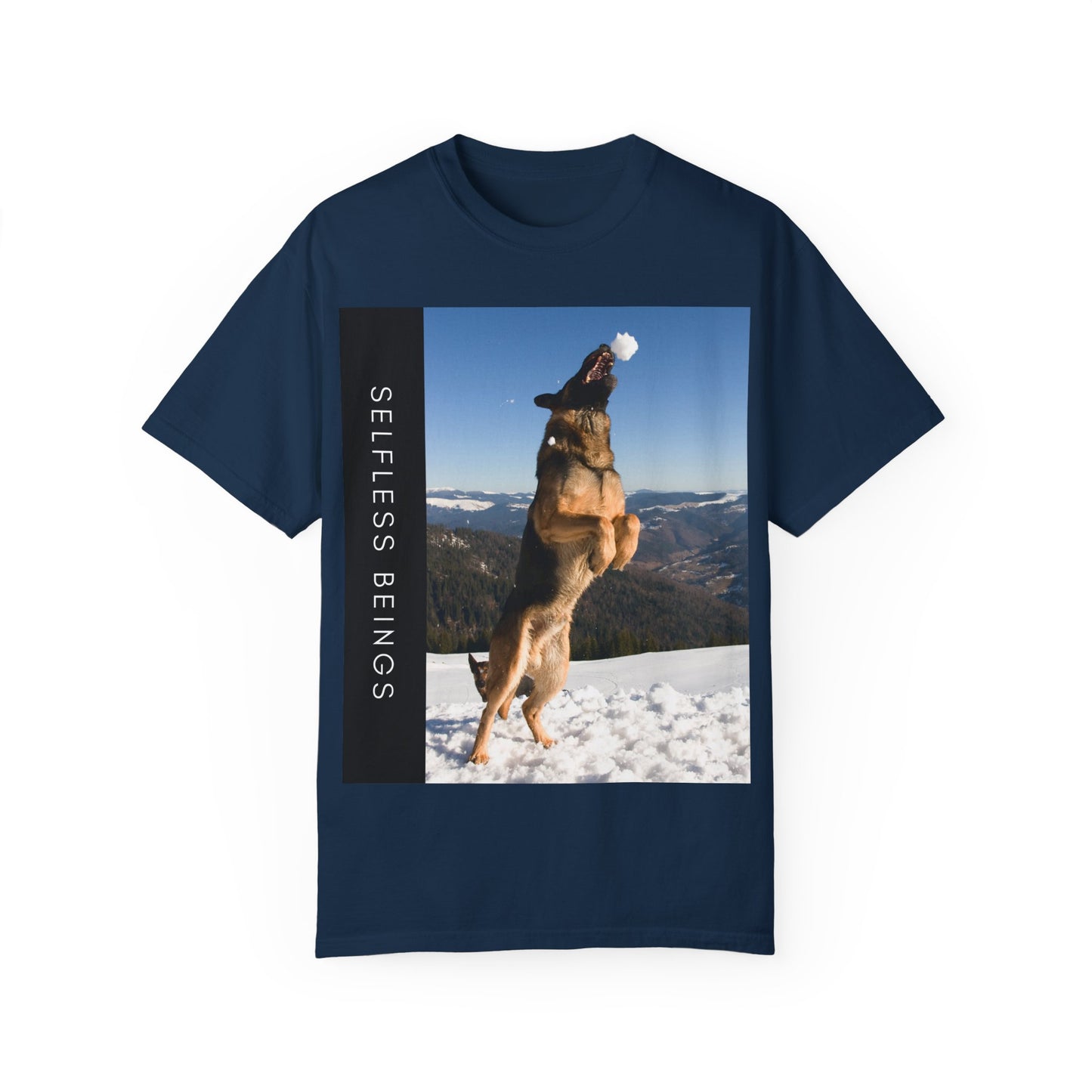 Unisex Dog Lover T-Shirt With a German Shepherd Jumps Upward to Catch a Small Snowball With Mouth and Caption Selfless Beings