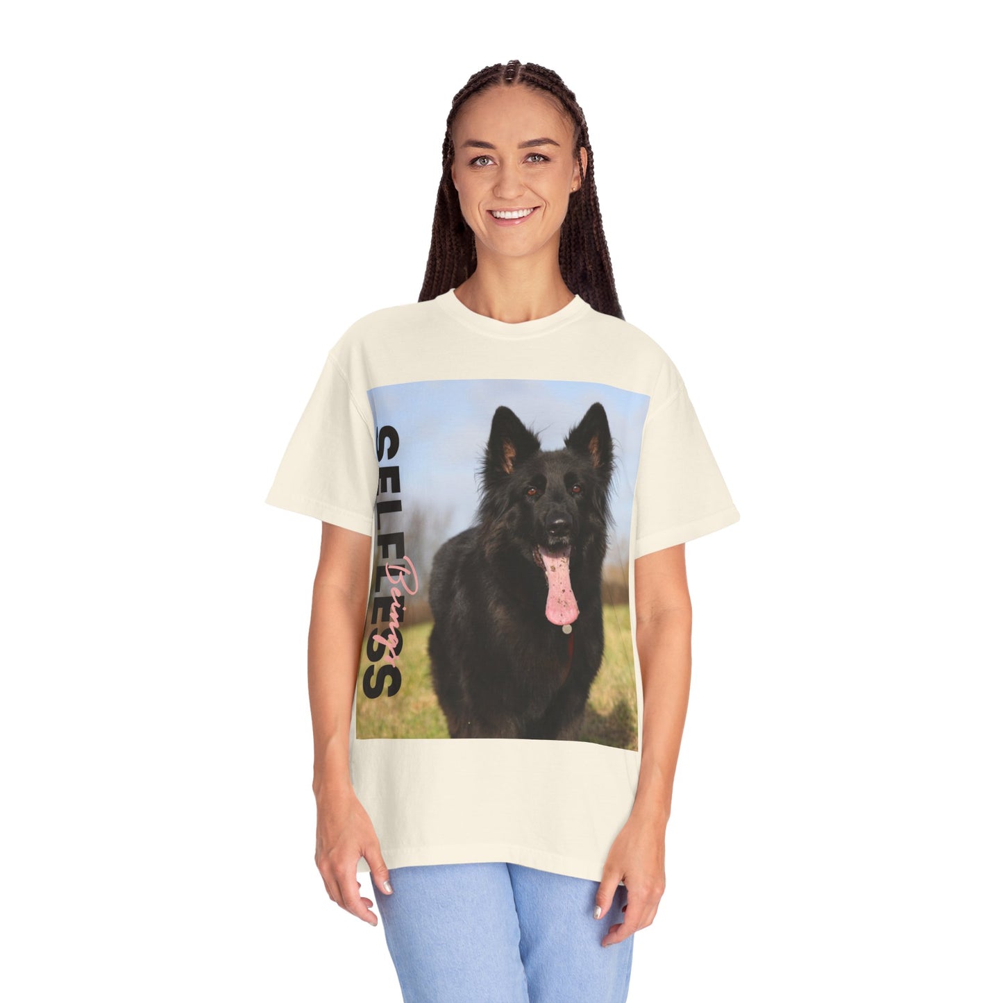 Unisex Dog Lover T-Shirt With Black German Shepherd in the Open Field Leaving Tongue Out and Caption Selfless Beings