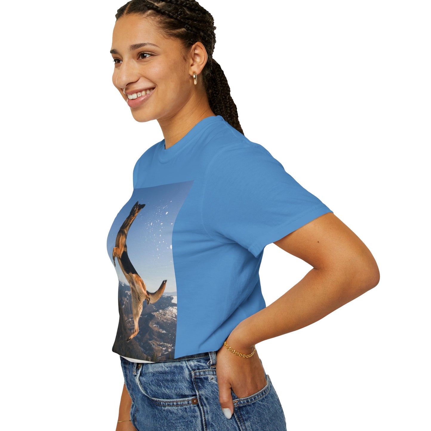 Unisex Dog Lover T-Shirt With a German Shepherd in the Air on Top of Snow Mountain and Caption Selfless Beings