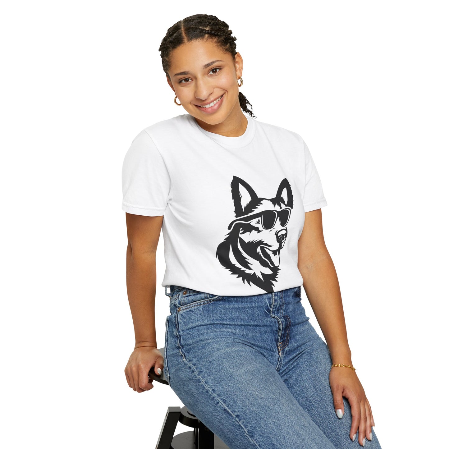 Unisex Dog Lover T-Shirt With a Graphic of Close Up Faced German Shepherd Wearing Black Glasses