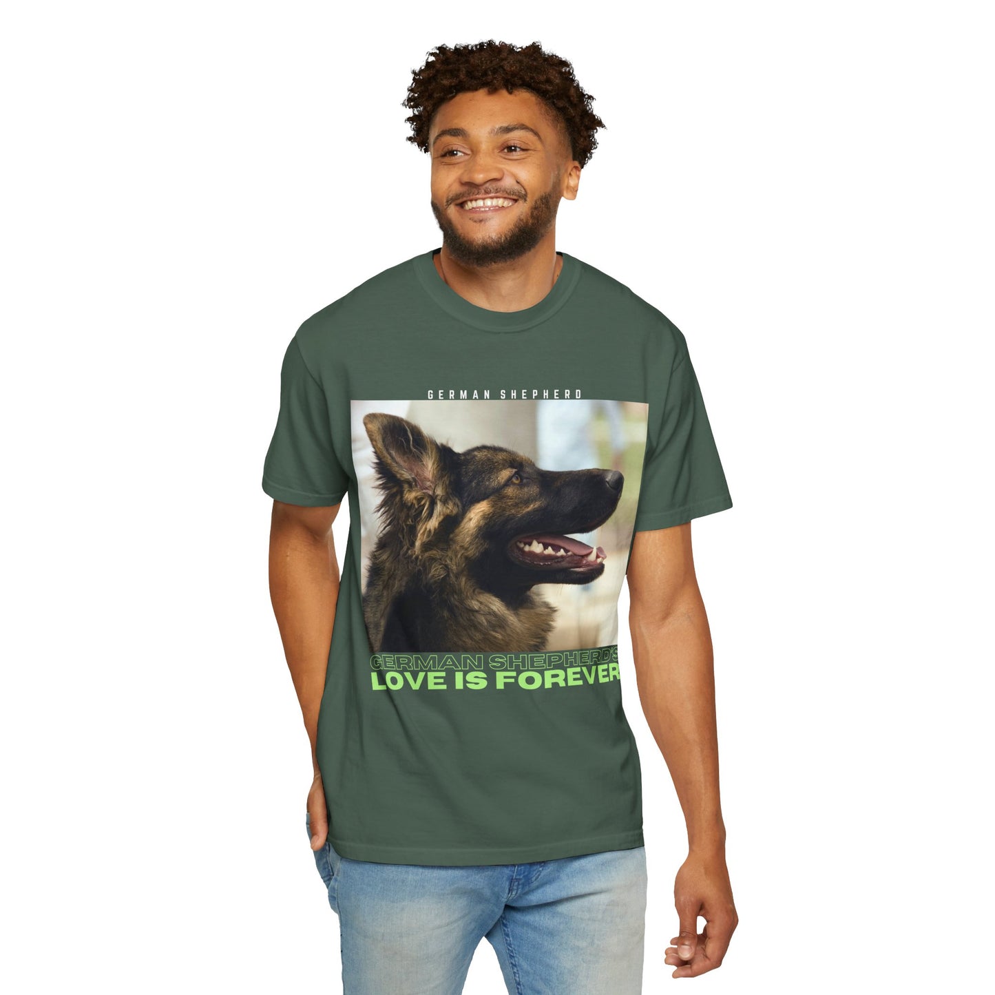 Unisex T-Shirt With Close Up Face of Working Line German Shepherd Mouth Opened and Quote A GSDs Love is Forever